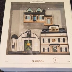 Magnolia Wooden Holiday Ornaments - White, Green, and Brown